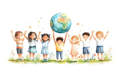 Generative AI illustration of children holding an Earth globe above their heads, symbolizing unity and commitment to saving the planet