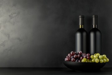 Elegant wine bottles and grapes resting on a dark table, copy space