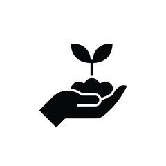 Plant in hand icon. Simple solid style. Hand holding plant with leaves, tree, grow, leaf, sprout, seedling, nature, ecology concept. Black silhouette, glyph symbol. Vector illustration isolated.