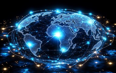 Obraz premium Globe connected by glowing lines and dots, symbolizing the power of global communication and the interconnected digital world