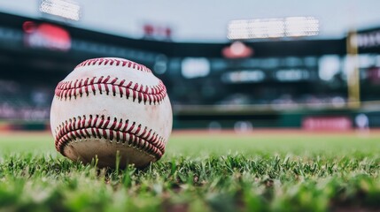 A close-up of a baseball resting on grass at a stadium, capturing a sports moment.