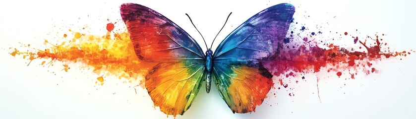 Paint splatter butterfly in vibrant colors, flying in the air, symbolizing creativity, freedom, and the beauty of nature