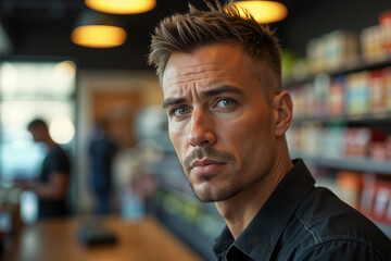 Fototapeta premium Man with a beard and short hair, wearing a black shirt, stands in a store with a thoughtful expression on his face.