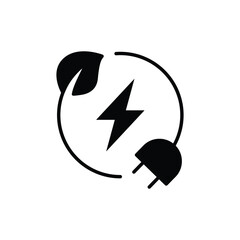 Green eco energy icon. Simple solid style. Clean power, transition, lightning in circle with plant leaf and plug, renewable concept. Black silhouette, glyph symbol. Vector illustration isolated.