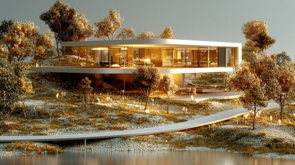 Fototapeta premium Modern circular house on hillside by lake.