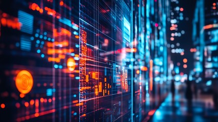 Obraz premium Abstract Digital Display with City Lights in the Background