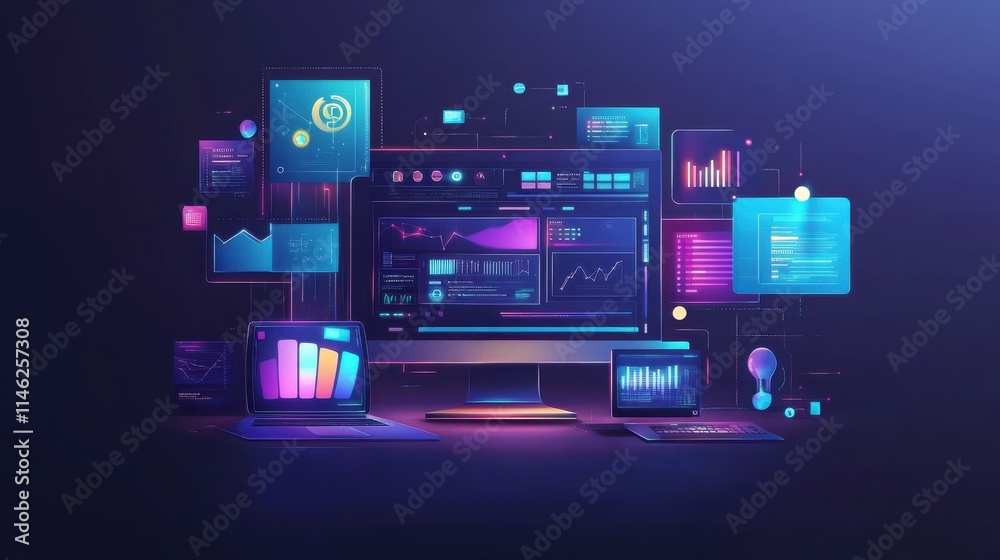 Poster software development abstract concept vector illustration set. intelligent interface, interactive de
