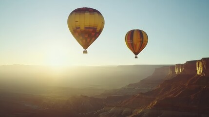 Obraz premium Two Hot Air Balloons Soaring Over a Canyon at Sunrise
