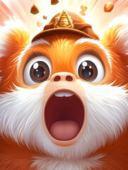 Fototapeta premium Orange furry animal with open mouth & hat, against bright background with falling pieces, illustration.