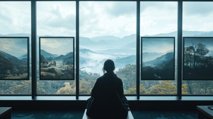 Woman silhouetted, seated, gazing at a scenic mountain view through large windows.