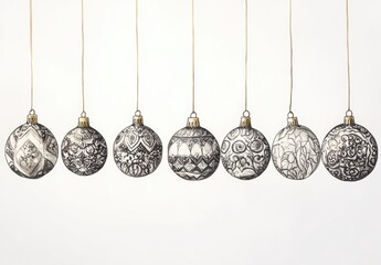Hand-Drawn Black and White Christmas Ornaments Hanging Decor