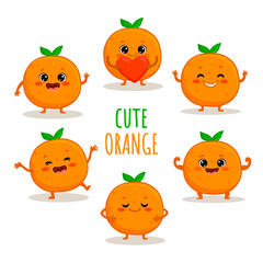 Collection of fruits. Set of cute cartoon citrus characters with emotions isolated on white background. Orange in different poses. Funny fruit.