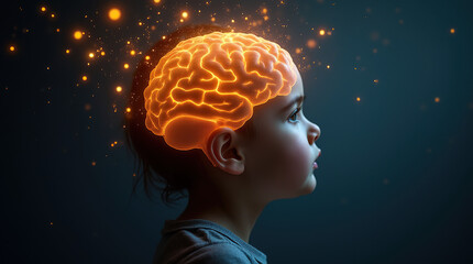 Child's brain illuminated, symbolizing cognitive development and imagination.