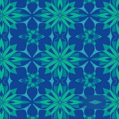 Seamless Blue and Teal Floral Pattern: Abstract floral design with a repeating pattern of blue and teal flowers on a dark blue background. Use for website backgrounds, product design, fabric.