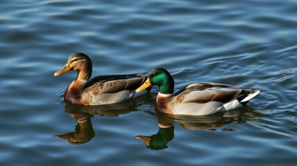Mallard ducks swimming gracefully in a serene lake during a sunny afternoon