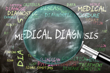 Medical Diagnosis being studied, examined - under close inspection. Most important subjects and ideas closely related to medical diagnosis. ,3d illustration © GoodIdeas