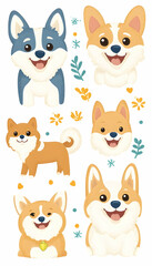 Obraz premium Six Corgis, various poses, digital art with leaves, stock for greeting cards or pet products.