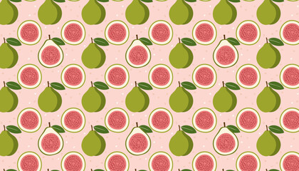 Seamless pattern with guava on a pink background. Vector illustration.