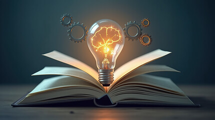 Open book with brain-shaped light bulb and gears symbolizes memory enhancement and knowledge.
