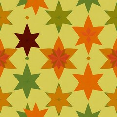 Obraz premium Autumnal Starburst: A delightful pattern of vibrant stars in shades of orange, green, and red, set against a warm yellow background. perfect for fall-themed projects, textiles, and digital designs.