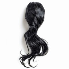 Long black hair with elegant waves isolated on white background, ideal for beauty and hair care products