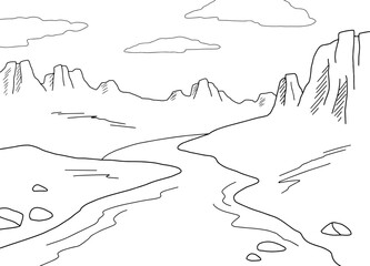 Prairie river graphic black white desert landscape sketch illustration vector