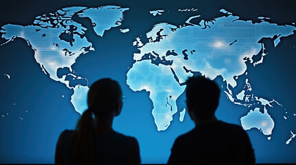 Silhouette watching world map display, symbolizing global news impact.