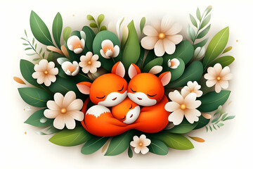 Sleeping Fox Family in Floral Embrace, Mother's Day Card.
