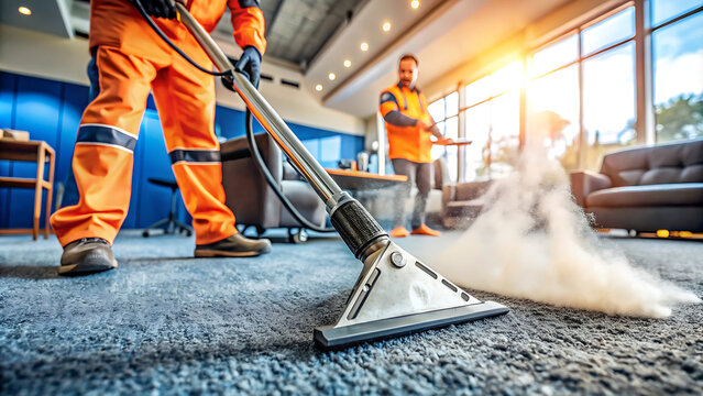 Workers using a professional steam vacuum cleaner to clean a carpet in a modern office. Represents cleanliness, commercial cleaning services, and a professional approach to hygiene.