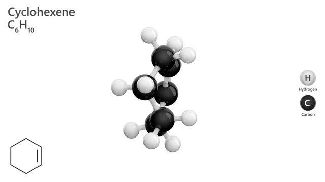 Cyclohexene. Cyclic alkene. Animated 3D model of a molecule. Molecular formula: C6H10. Chemical model: Ball and sticks. White background. 3D rendering. Seamless loop.