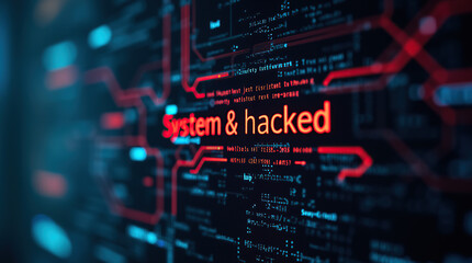 Fototapeta premium System warning hacked alert, cyberattack on computer network. Cybersecurity vulnerability, data breach, illegal connection, compromised information concept. Malicious software, virus and cybercrime.