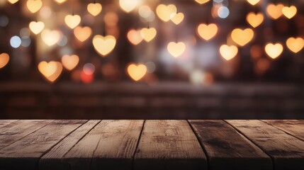 A blurred background of glowing heart shapes with a wooden table in the foreground, creating a romantic atmosphere.