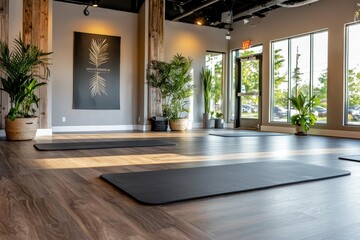 Self-care yoga session in a vibrant studio creating calm with mats indoor plants and natural light for mindfulness and wellness