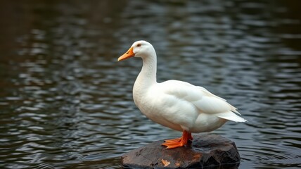 Obraz premium White duck standing on a rock in a calm pond surrounded by gentle water ripples under soft natural light