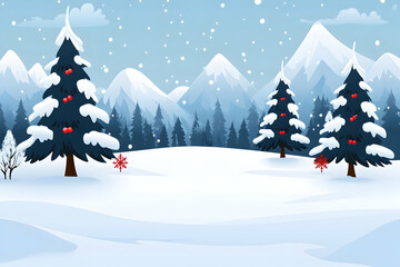 Naklejka premium Snowy mountain scene with pine trees, snowing, and mountains in background, for seasonal background use.