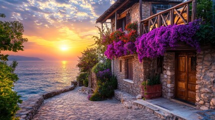 Sunset over stone house, flowers, ocean.