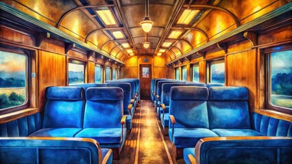 Fototapeta premium Blue Train Car Interior Watercolor Painting, Low Light Photography, Artistic Railway Scene