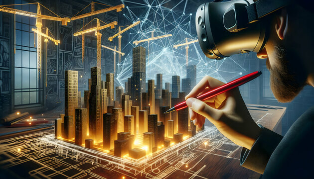 construction An immersive virtual reality setup where an architect is drawing a golden cityscape with a red pen i2