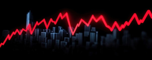Fototapeta premium Crumbling stock market graph, red lines plummeting downward with a shadowy city skyline in the background