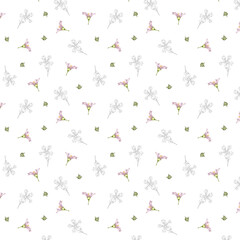 Floral pattern. Seamless pattern with wild wildflower pink flowers. Flower blossom. Illustration in sketch and color style. Doodle and line drawing. Summer design for textile, packaging, paper.