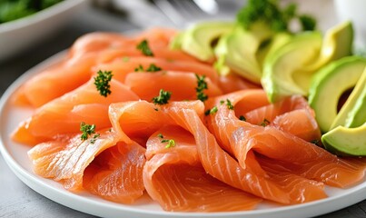 A plate of salmon and avocado