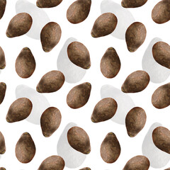 Watercolor avocado pattern. Seamless pattern with brown Hass avocado. Design for food packaging, menu design and stationery. Avocado on a lattice background.