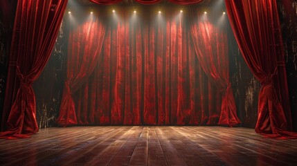 Theater stage with red curtains and dramatic spotlight lighting