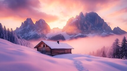 A charming winter scene with a rustic cabin in a valley covered in snow and encircled by tall, misty peaks that seem to be glowing at sunset