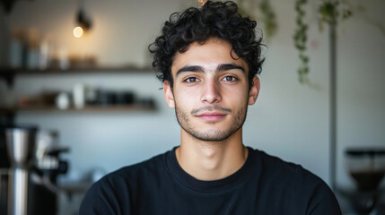 A portrait of a young man at a caf&eacute;.