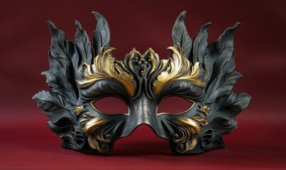 Naklejka premium A black and gold mask with gold leaves on it
