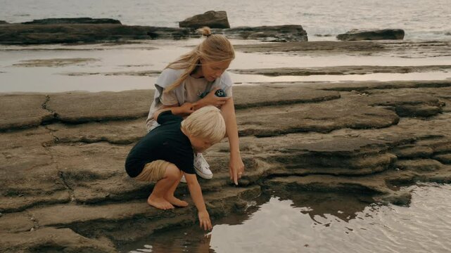 Mother and son finding pebble reef stone at sea water spending time together at beach seaside