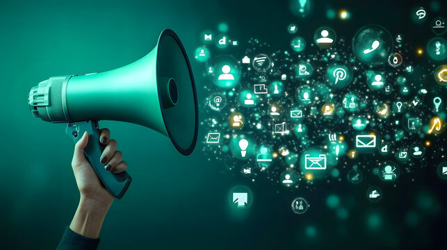 A hand holding a megaphone with glowing social media icons and people symbols on a dark green background, concept of marketing or advertising a social network service.