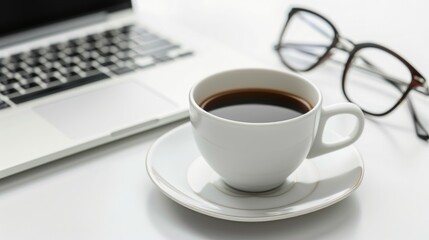 Coffee cup, laptop, and glasses on white desk.