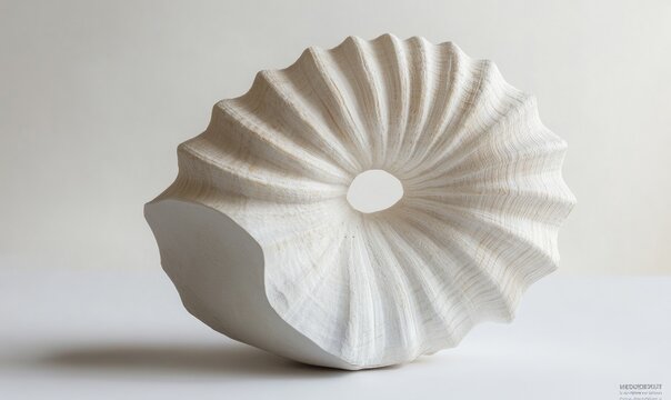 A white sculpture of a shell with a hole in the middle
